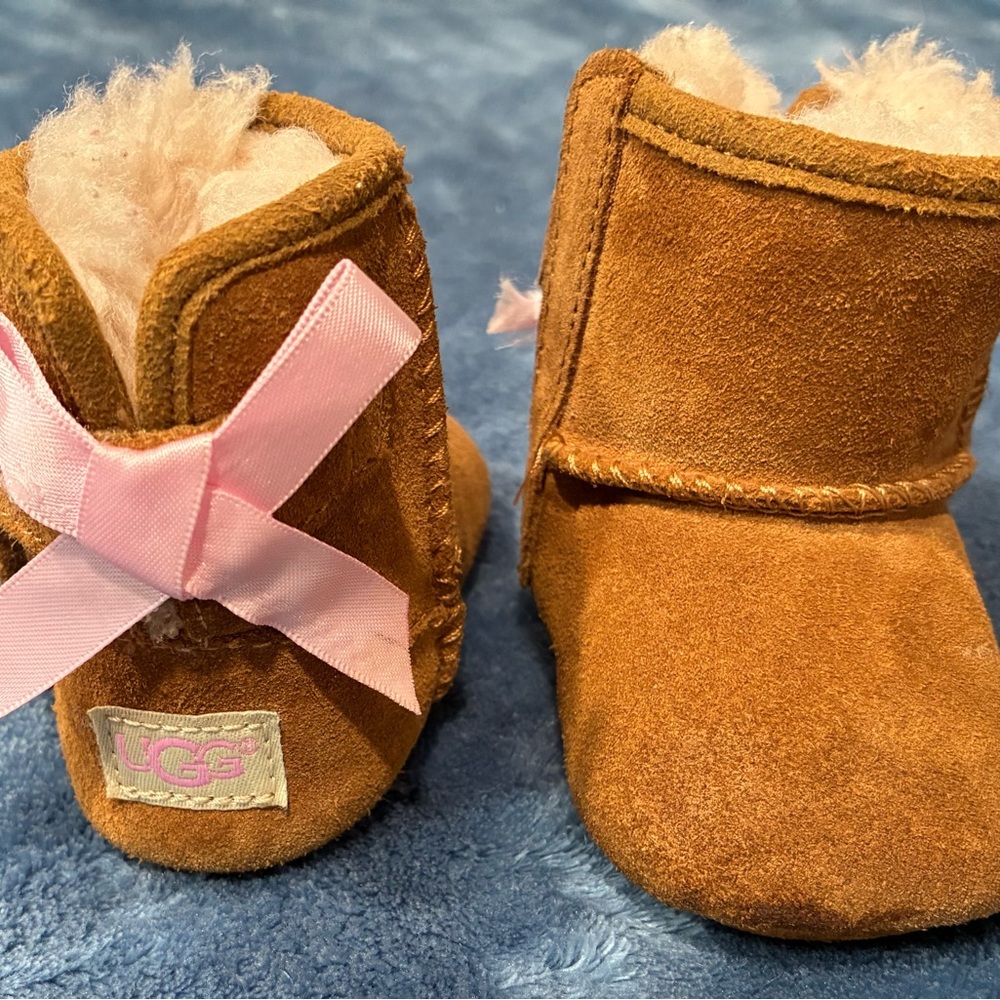 UGG Tan Baby Booties with Pink Ribbon